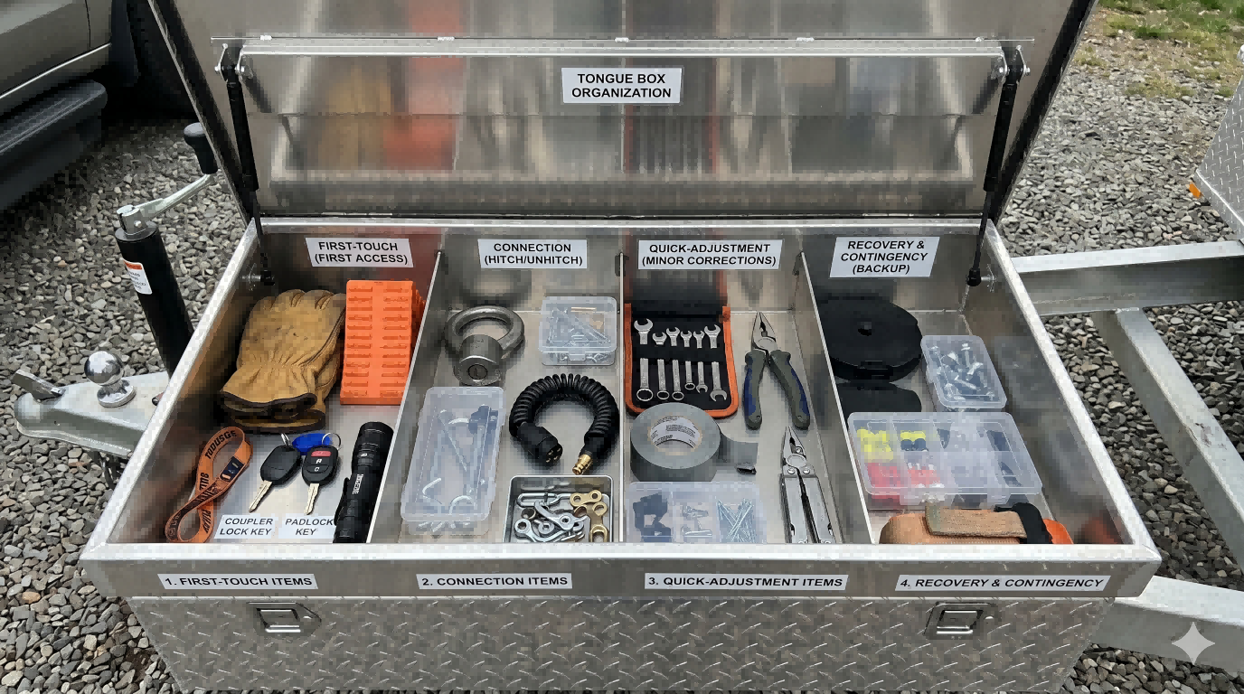 Labeled trailer tongue box organization showing first-touch items, connection items, quick-adjustment tools, and recovery or contingency gear in separate front-end storage zones